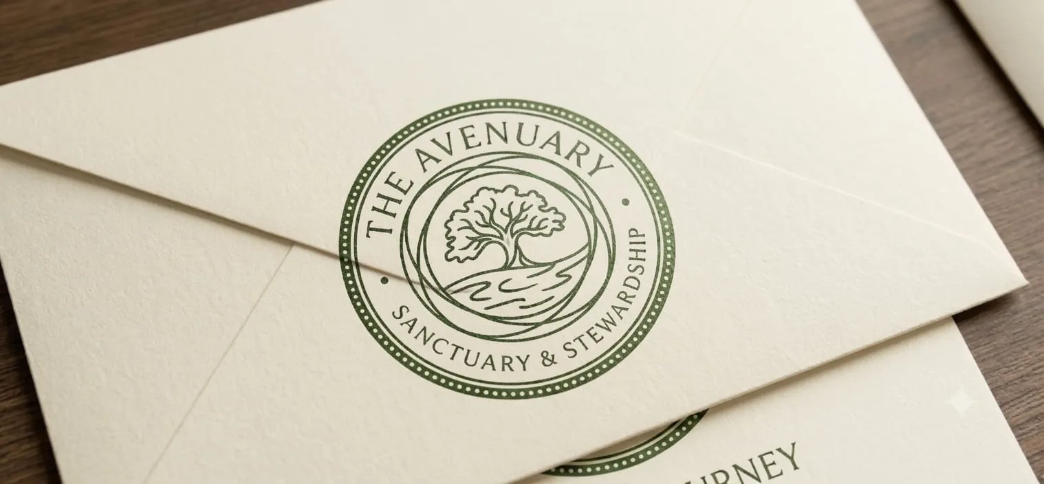 A cream envelope on a wooden desk, sealed with The Avenuary's tree-and-river crest reading 'Sanctuary & Stewardship'